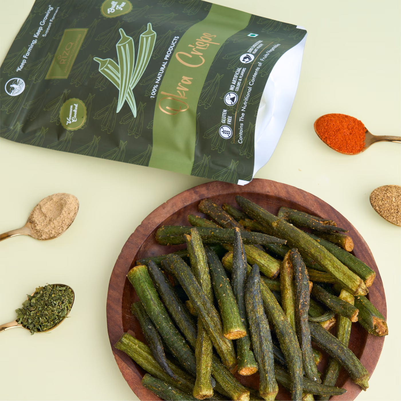 Okra crisps pouch with okra chips