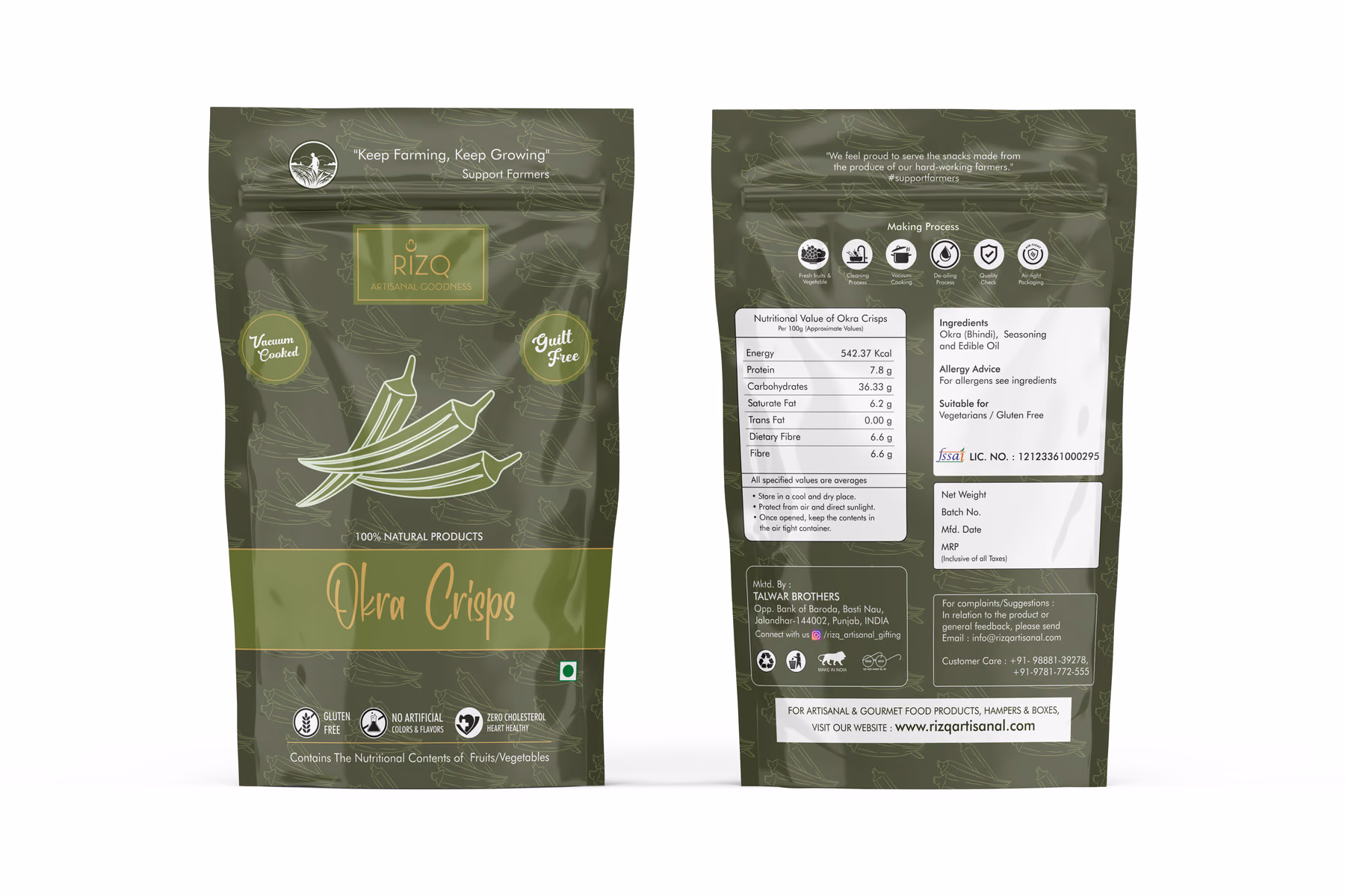 Okra crisps pouch, front and back