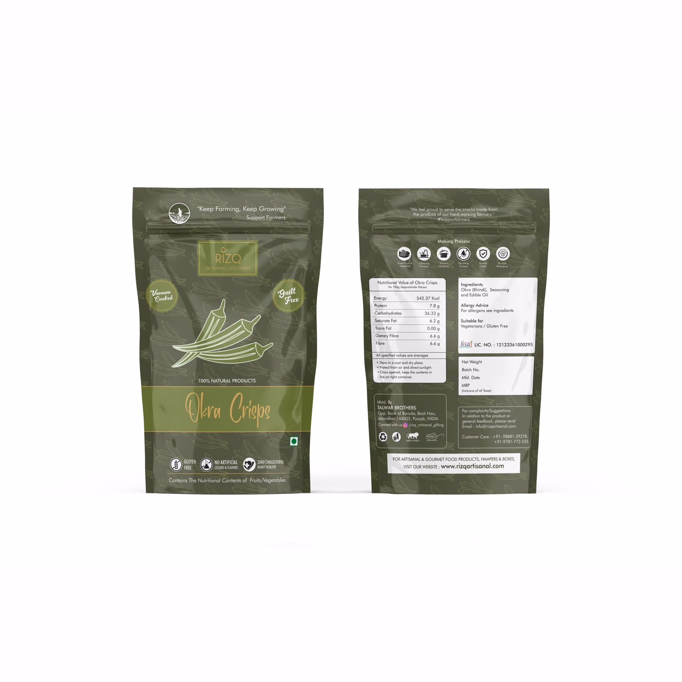 Okra crisps pouch, front and back