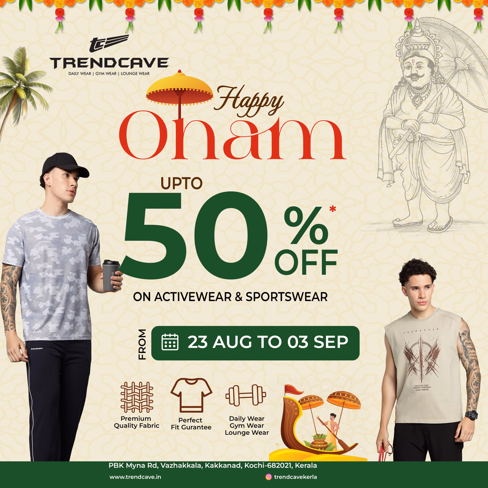 Onam sale poster, up to 50% off