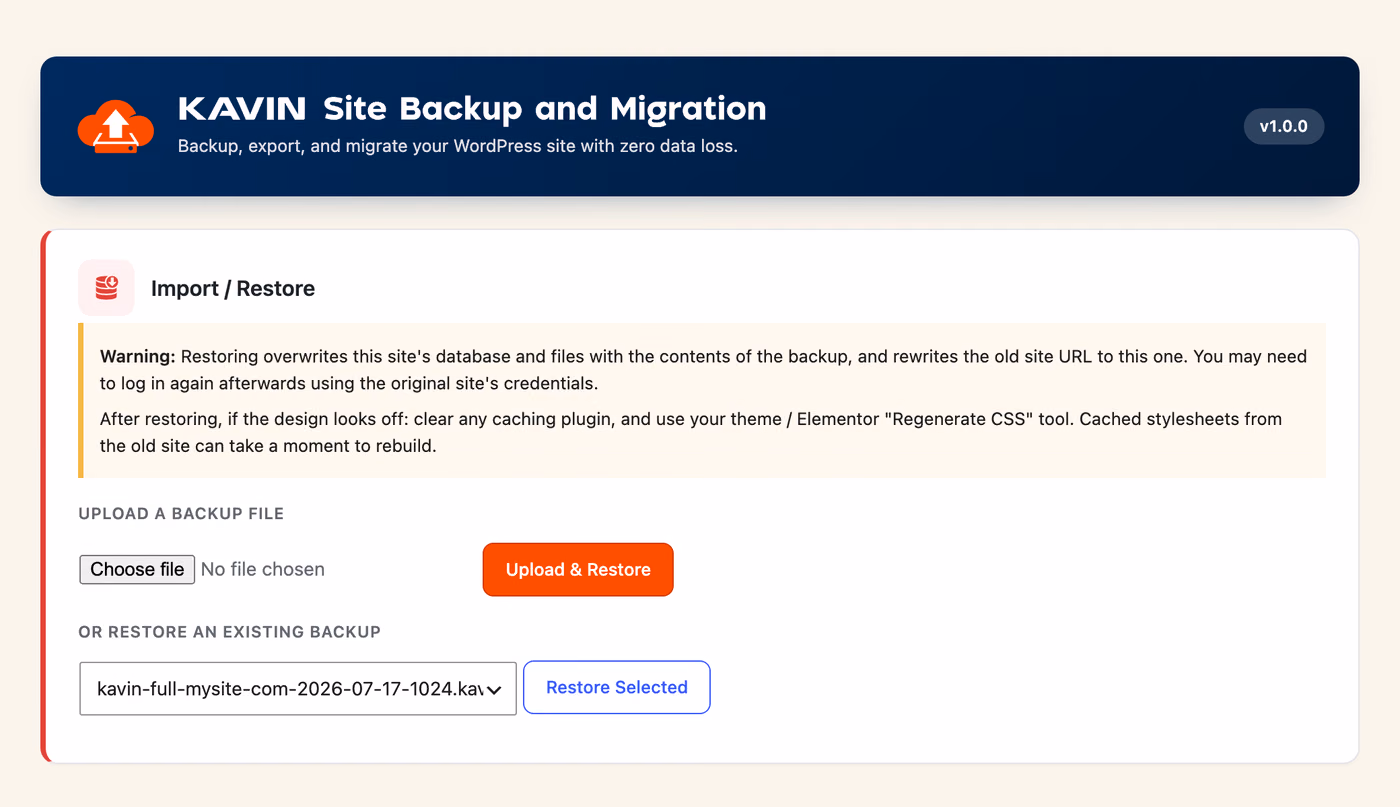 Import and restore a backup