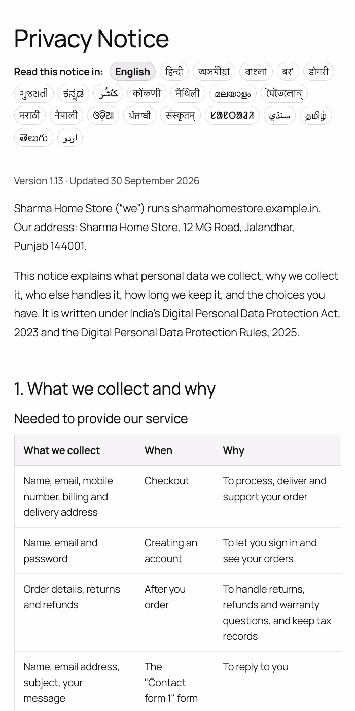 The privacy notice page in English