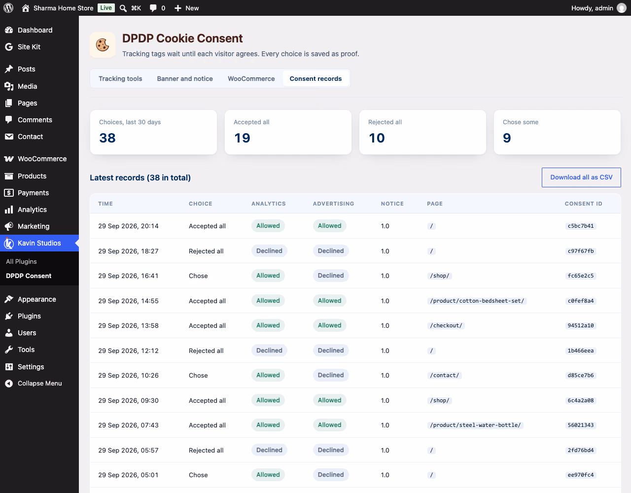 The Consent records tab