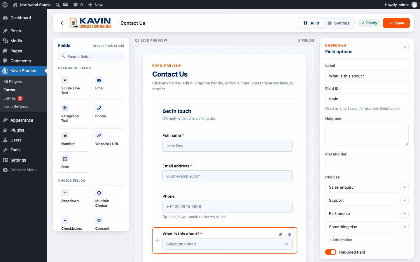 The drag-and-drop form builder with a live preview
