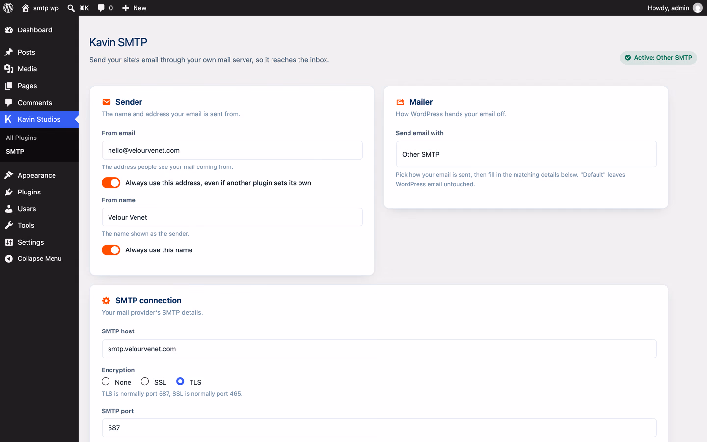 Kavin SMTP settings: sender, mailer and SMTP connection
